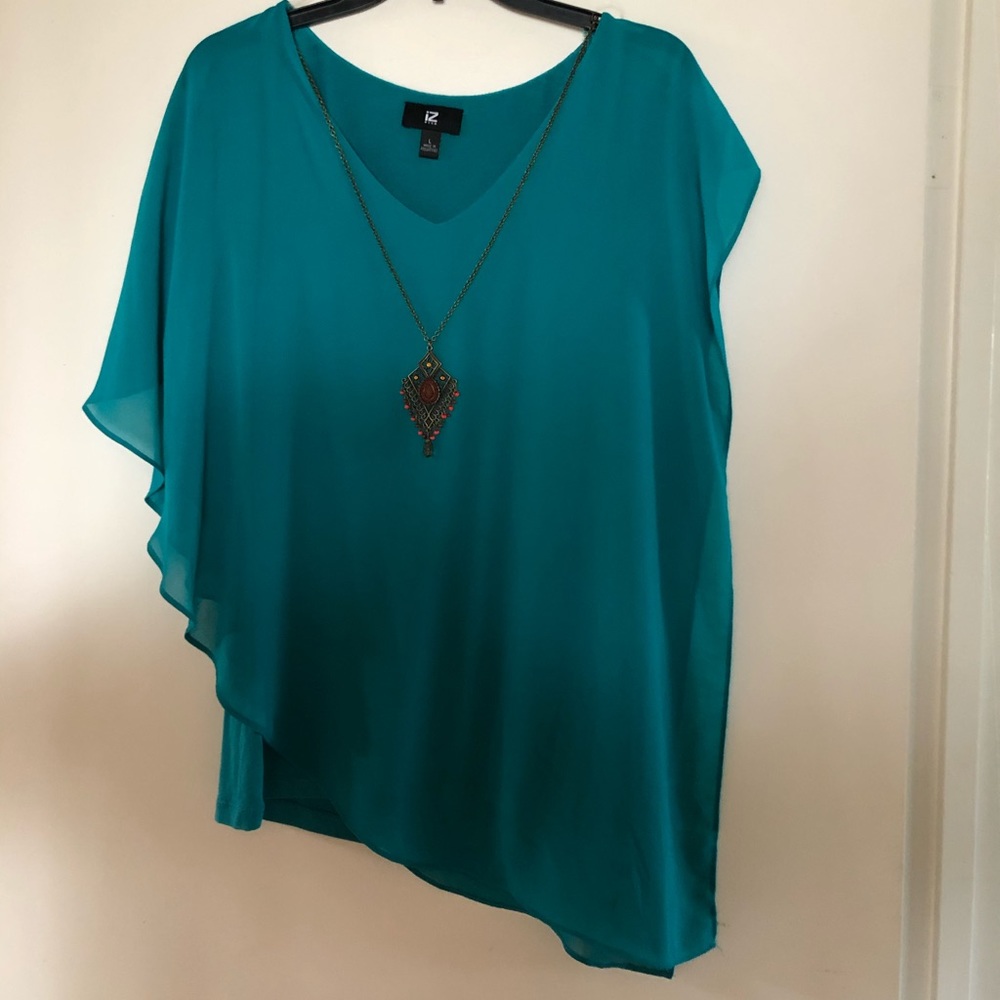 Teal sleeveless top with sheer overlay